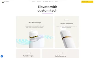'Elevate with custom tech' section with cards for NFC technology, haptic feedback, tuned weight, and digital screens