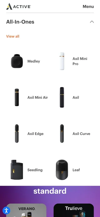 ACTIVE mobile navigation with the All-In-Ones section expanded, showing product thumbnails beside product names