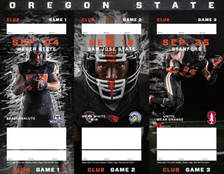 Season ticket designs for three Oregon State home games, each with its own player photograph