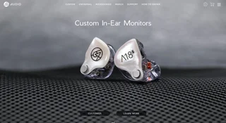 64 Audio home page section titled 'Custom In-Ear Monitors' showing a pearl-faceplate A18s monitor on dark mesh, with Customize and Learn more buttons