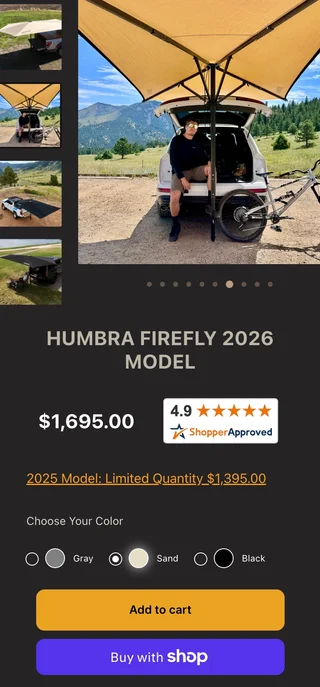 Humbra Firefly mobile product page with a photo carousel, price, colour swatches for gray, sand, and black, an outgoing model year link, and Add to cart plus accelerated checkout