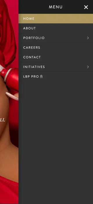 Luxury Brand Partners mobile menu open over the site, listing Home, About, Portfolio, Careers, Contact, Initiatives, and a locked LBP Pro entry