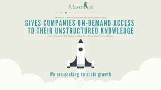 Maven 2.0 opening screen — an illustrated rocket rising through clouds beneath the line 'Gives companies on-demand access to their unstructured knowledge', with a progress indicator above