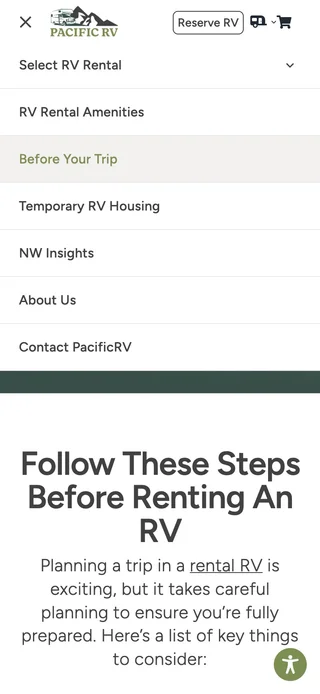 Pacific RV mobile menu listing Select RV Rental, RV Rental Amenities, Before Your Trip, Temporary RV Housing, NW Insights, About Us, and Contact