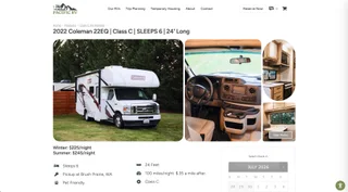 Pacific RV vehicle page for a 2022 Coleman 22EQ Class C motorhome, showing photography, seasonal nightly rates, sleeps and length specs, mileage allowance, and a check-in calendar