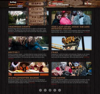 Fright Fest attractions listing with cards for Deadwood Grove, The Last Stop, Sector 7, Fear, Manslaughter Manor, and The Abyss, each with scare-actor photography and a story