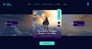 The Game Awards fan voting screen showing a Legend of Zelda: Breath of the Wild nominee card between Super Mario Odyssey and Persona 5, with a Confirm vote button and a 7 of 12 counter